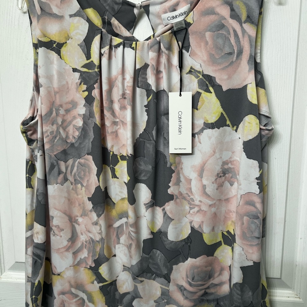 Calvin Klein Floral Sleeveless Blouse - Gray, Pink, and Yellow